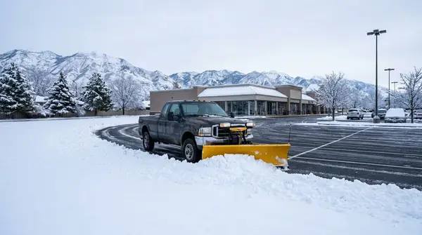 Plow truck pushing snow across a commercial parking lot in front of a retail center